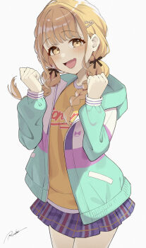 1girl absurdres black_ribbon blonde_hair blue_skirt blush clenched_hands commentary_request fang fujita_kotone gakuen_idolmaster hair_ornament hair_ribbon hairpin highres hood hooded_jacket idolmaster jacket long_hair looking_at_viewer masami_atabe multicolored_jacket ribbon shirt signature simple_background skin_fang skirt smile solo thighs twintails white_background yellow_eyes yellow_shirt