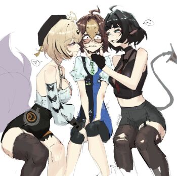 3girls animal_ears blush flirting girl_sandwich high-waist_shorts jane_doe_(zenless_zone_zero) monster_girl mouse_ears mouse_girl mouse_tail multiple_girls no_jacket pantyhose sandwiched scylla sharp_tail shorts szeeyla tail tentacles tomiya_(zenless_zone_zero) torn_clothes torn_pantyhose yidhari_murphy yuri zenless_zone_zero