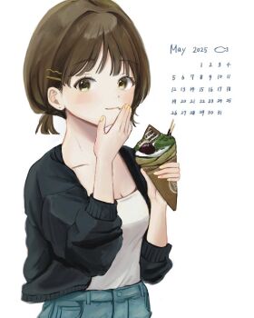 Rule 34 | 1girl, black cardigan, breasts, brown hair, calendar (medium), cardigan, choppy bangs, cleavage, closed mouth, denim, fingernails, green eyes, hand up, hands up, holding, holding ice cream cone, ice cream cone, long sleeves, looking at viewer, nail polish, nena labo, open cardigan, open clothes, original, shirt, shirt tucked in, short hair, simple background, solo, standing, waffle cone, white background, white shirt, yellow nails