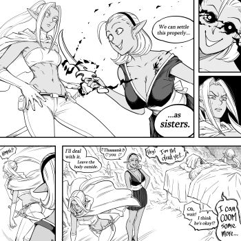 Rule 34 | 1boy, 3girls, absurdres, bb (baalbuddy), black sclera, breast tattoo, breasts, bullying, cape, colored sclera, constricted pupils, coomer (meme), covered face, crazy eyes, dark-skinned female, dark elf, dark skin, elbow gloves, elf, english text, erection under blanket, gloves, groin, hiding, highres, holding, holding sword, holding weapon, large breasts, long hair, lowleg, lowleg pants, medium breasts, meme, midriff, multiple girls, original, pants, pointy ears, sheath, sheathed, short sword, siblings, sisters, speech bubble, strap slip, strapless, sword, tattoo, towel on face, tube top, weapon, yandere, zana (dark elf stepsister)