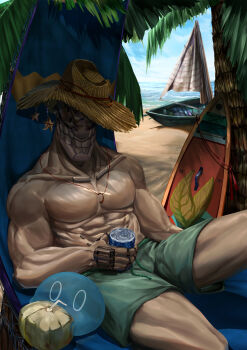 1boy abs absurdres bara bare_pectorals beach bingjikong blue_sky boat coconut cup cyborg green_shorts gun hat highres inui_juuzou jewelry legs looking_at_viewer necklace no_guns_life ocean palm_tree pectorals shorts sky slime_(creature) straw_hat surfboard tree watercraft weapon