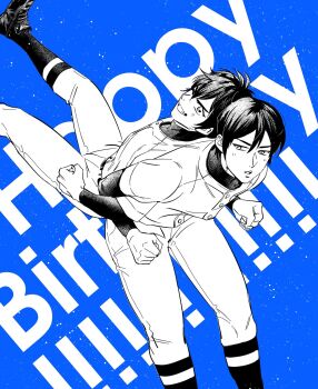 2boys ace_of_diamond assisted_stretching back-to-back baseball_uniform blue_background chinese_commentary commentary_request compression_shirt furuya_satoru greyscale_with_colored_background hair_between_eyes happy_birthday heise_wanbaolu highres layered_sleeves locked_arms long_sleeves looking_at_another looking_at_viewer male_focus multiple_boys pants sawamura_eijun shirt shoes short_hair short_over_long_sleeves short_sleeves socks_over_pants sportswear