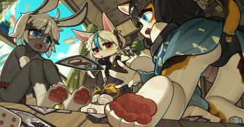 ahoge animal_ears animal_hands animal_print animal_request arm_support barefoot black_hair black_jacket black_panties blue_eyes blue_hair blunt_bangs blush calico_(pattern) card cat_tail character_request chestnut_mouth cloud copyright_request day dice dutch_angle expressionless fang feet foot_out_of_frame foreshortening from_below furrowed_brow furry furry_female furry_male gender_request grey_fur hair_ornament hand_on_own_arm holding holding_card indoors jacket jitome knees_up kotoba_(1074421015) long_hair long_sleeves motion_blur multicolored_hair no_nose nose_blush on_floor open_mouth outline panties pantyshot pawpads perspective playing_card red_eyes seiza shelf short_hair sidelighting sitting sky sleeves_past_wrists smile snout soles streaked_hair sweat sweatdrop tail tareme tongue turtleneck turtleneck_jacket underwear white_fur white_hair white_outline