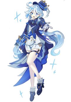 1girl :d ascot asymmetrical_gloves bare_legs blue_ascot blue_eyes blue_gloves blue_hair blue_hat blue_jacket brooch cowlick full_body furina_(genshin_impact) genshin_impact gloves hat high_heels highres jacket jewelry long_hair long_sleeves looking_at_viewer mismatched_gloves nadaumi open_mouth shirt short_shorts shorts simple_background smile socks solo thigh_strap top_hat very_long_hair white_background white_gloves white_shirt white_shorts white_socks