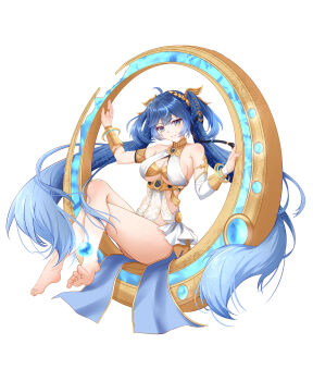 1girl absurdres ahoge armlet bare_legs bare_shoulders barefoot blue_eyes blue_hair breasts commentary_request crossed_legs feet gold_bra gradient_hair hair_belt highres iuno_(wuthering_waves) jewelry large_breasts laurel_crown legs long_hair looking_at_viewer multicolored_hair orb parted_lips seisen simple_background smile solo streaked_hair thighs toes twintails vambraces very_long_hair white_background wuthering_waves