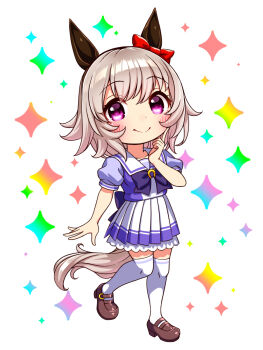 1girl animal_ears black_hairband blush bow bowtie breasts chibi chibi_only closed_mouth collarbone commentary_request curren_chan_(umamusume) ear_bow ear_covers full_body grey_hair hair_between_eyes hairband highres horse_ears horse_girl horse_tail looking_at_viewer pleated_skirt puffy_short_sleeves puffy_sleeves purple_bow purple_bowtie purple_eyes purple_shirt red_bow sailor_collar sailor_shirt school_uniform shirt shoes short_hair short_sleeves skirt smile solo sugimotty_nova tail thighhighs tracen_school_uniform umamusume white_sailor_collar white_skirt white_thighhighs zettai_ryouiki
