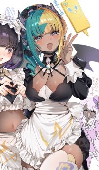 3girls :d apron aqua_hair black_dress black_hair black_mask blonde_hair blue_eyes blunt_bangs breasts canari_(pokemon) commentary_request dark-skinned_female dark_skin dress fang four-finger_heart_hands gen_4_pokemon gwynn_(pokemon) heart heart-shaped_pupils heart_hands highres jacinthe_(pokemon) large_breasts looking_at_viewer maid_apron mask mouth_mask multicolored_hair multiple_girls navel nintendo open_mouth paid_reward_available pokemon pokemon_legends:_z-a purple_eyes purple_hair rotom rotom_phone short_hair short_twintails shuri_(84k) skin_fang smile split-color_hair streaked_hair symbol-shaped_pupils thighhighs twintails very_dark_skin w white_background white_thighhighs