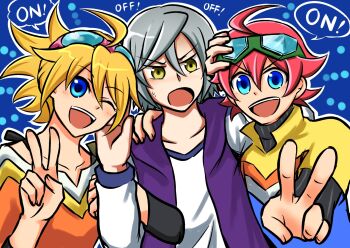 Rule 34 | 1girl, 2boys, artist request, blonde hair, blue eyes, digimon, digimon universe: appli monsters, grey hair, itsuki (digimon), kazuki (digimon), multiple boys, naoto (digimon), red hair, v, yellow eyes