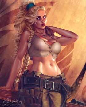 1girl arm_support blonde_hair body_freckles braid breasts cleavage commentary crop_top english_commentary freckles gemma_(monster_hunter_wilds) highres jewelry krystopher_decker large_breasts leather_belt monster_hunter_(series) monster_hunter_wilds multiple_braids navel necklace paid_reward_available realistic shoulder_freckles solo stomach tool_belt tools