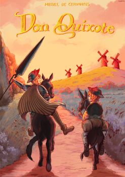 1boy 1girl algro778 alonso_quixano armor artist_name blonde_hair boots brown_footwear cape cliff copyright_name don_quixote_(novel) don_quixote_(project_moon) donkey dusk e.g.o_(project_moon) flower grass hat highres hill holding holding_polearm holding_weapon horse la_sangre_de_sancho_(e.g.o) lance limbus_company pants polearm project_moon riding rocinante sancho_panza short_hair signature sinclair_(project_moon) striped_cape striped_clothes striped_pants sweatdrop tree weapon windmill yellow_eyes