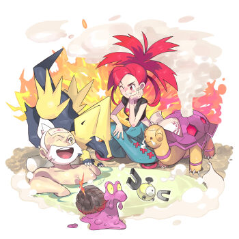 1boy 1girl absurdres alternate_color bathing beard blush commentary denim facial_hair fire flannery_(pokemon) gen_1_pokemon gen_2_pokemon gen_3_pokemon gym_leader head_rest highres hiro_(user_negm3832) jeans long_hair magcargo magnemite manectric nintendo one_eye_closed onsen open_mouth pants pokemon pokemon_(creature) pokemon_oras ponytail red_eyes red_hair shiny_pokemon shoes short_hair smile star_(symbol) steam teeth tongue torkoal upper_teeth_only water wattson_(pokemon) white_hair yellow_eyes