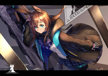 1girl 1other absurdres amiya_(arknights) animal_ears arknights ascot black_jacket black_pantyhose blue_ascot blue_eyes blue_skirt brown_hair commentary_request doctor_(arknights) dutch_angle hair_between_eyes highres hood hooded_jacket jacket jewelry letterboxed long_hair long_sleeves looking_at_viewer milixian multiple_rings neck_ring open_clothes open_jacket pantyhose plaid_clothes plaid_skirt pleated_skirt ponytail rabbit_ears rabbit_girl ring shirt sidelocks skirt solo thumb_ring white_shirt