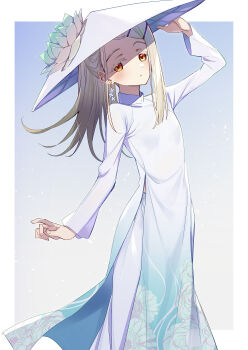 1girl :o absurdres ao_dai blonde_hair blush border commentary_request dress earrings flower gakuen_idolmaster hair_ornament hairclip hand_on_headwear hat hat_flower high_collar highres idolmaster jewelry long_hair long_sleeves looking_at_viewer orange_eyes outside_border pants parallel_hairclips shinosawa_hiro solo tamago_sando white_border white_dress white_hat white_pants