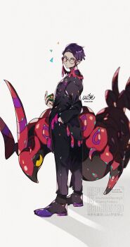 1boy antennae black-framed_eyewear black_hair black_jacket black_pants bug centipede closed_mouth collared_shirt colored_sclera corbeau_(pokemon) dusk_ball eyewear_strap gen_5_pokemon glasses hand_in_pocket highres holding holding_poke_ball jacket kawasaki_(kwsk_8765) long_sleeves looking_at_viewer mega_stone necktie nintendo open_clothes open_jacket pants parted_hair poke_ball pokemon pokemon_(creature) pokemon_legends:_z-a purple_hair purple_shirt round_eyewear scolipede shirt shoes short_hair short_sideburns simple_background undercut white_necktie yellow_eyes yellow_sclera