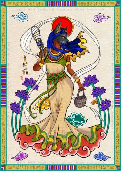 Rule 34 | 1girl, ancient egyptian, ancient egyptian clothes, animal head, armlet, basket, bastet (mythology), border, bracelet, cat girl, commentary request, dark-skinned female, dark skin, dress, ear piercing, earrings, egyptian mythology, flower, gold armlet, gold bracelet, gold earrings, green sash, hieroglyphics, highres, holding, holding basket, jewelry, kinosuke2244, piercing, purple flower, sash, solo, whiskers, yellow eyes