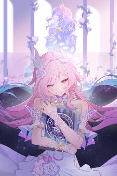 1girl absurdres aqua_hair as_i&#039;ve_written_(honkai:_star_rail) bare_shoulders book commentary_request cyrene_(demiurge)_(honkai:_star_rail) cyrene_(honkai:_star_rail) cyrene_(philia093)_(honkai:_star_rail) dress flower hair_flower hair_ornament highres holding holding_book honkai:_star_rail honkai_(series) mapmap multicolored_hair pink_hair purple_eyes smile solo two-tone_hair white_dress