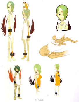 1girl absurdres breasts breath_of_fire breath_of_fire_complete_works breath_of_fire_v capcom child concept_art dress female_focus flat_chest gown green_hair highres long_nipples nina_(breath_of_fire_v) no_bra official_art panties pointy_breasts pointy_nipples reference_sheet see-through_clothes solo tattoo topless_female underwear white_background wings wristband yoshikawa_tatsuya