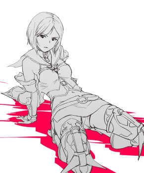 1girl ashelia_b&#039;nargin_dalmasca belt detached_sleeves final_fantasy final_fantasy_xii full_body greyscale highres looking_at_viewer midriff miniskirt monochrome navel panties short_hair skirt solo tamago_tomato thighhighs underwear