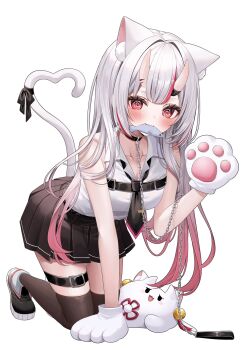 @_@ animal_ear_fluff animal_ears animal_hands bell black_ribbon black_skirt black_thighhighs blush cat_tail chain collarbone collared_shirt commentary fish_in_mouth gold_trim highres hololive horns hypnosis long_hair looking_at_viewer mind_control multicolored_hair nakiri_ayame nakiri_ayame_(streetwear) necktie off_shoulder official_alternate_costume ohagetty oni poyoyo_(nakiri_ayame) red_eyes red_hair ribbon shirt shoes short_necktie skirt sneakers solo tail thigh_strap thighhighs untranslatable_commentary virtual_youtuber white_hair white_tail