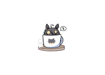 ahoge animal_ears black_hair cup hands_up highres horse_ears in_container in_cup kawamochi_(kawauti919) looking_at_viewer manhattan_cafe_(umamusume) mug simple_background solo sugar_cube translation_request umamusume white_background white_hair yellow_eyes