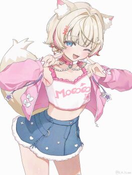 1girl :d animal_ear_fluff animal_ears blonde_hair blue_eyes blunt_bangs bow braid camisole collar cowboy_shot crop_top denim denim_skirt dog_ears dog_girl dog_tail fang finger_to_cheek frilled_camisole frilled_straps frills hair_intakes hair_ornament highres hololive hololive_english jacket looking_at_viewer mococo_abyssgard mococo_abyssgard_(casual) multicolored_hair nail_polish official_alternate_costume one_eye_closed open_mouth pink_collar pink_jacket pink_nails pink_streaks r_m_n_ooo short_hair skin_fang skirt smile solo standing star_(symbol) streaked_hair tail virtual_youtuber white_background white_bow white_camisole x_hair_ornament y2k_fashion