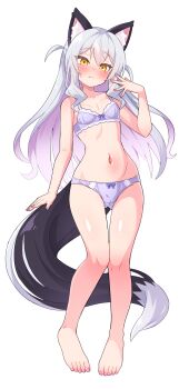 1girl animal_ears barefoot blush bottomless bra breasts camisole embarrassed fang fang_out gradient_hair grey_hair highres long_hair looking_at_viewer multicolored_hair navel nose_blush original panties pink_hair purple_bra purple_panties pussy simple_background skin_fang small_breasts stomach sweatdrop tail two-tone_hair two_side_up ug_(nekonekodou) underwear underwear_only white_background white_camisole yellow_eyes