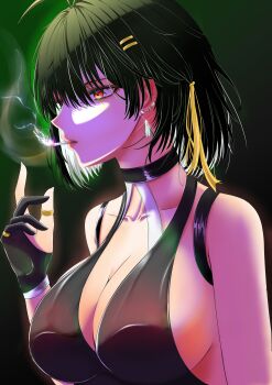 1girl absurdres ankur86096147 antenna_hair bare_shoulders black_background black_choker black_hair breasts choker cigarette cleavage colored_inner_hair commentary ear_piercing earrings english_commentary female_rover_(wuthering_waves) gloves hair_ornament hairclip highres jewelry large_breasts low_ponytail multicolored_hair parallel_hairclips partially_fingerless_gloves piercing ponytail ribbon rover_(wuthering_waves) simple_background smoking solo triangle_earrings wuthering_waves yellow_eyes yellow_ribbon