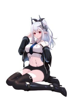 1girl alternate_costume arknights black_boots black_horns black_jacket black_shorts blue_necktie boots breasts collared_shirt commentary_request cropped_shirt demon_horns highres honey_trapped_(honey_holic) horns jacket jacket_partially_removed long_hair looking_at_viewer material_growth midriff mudrock_(arknights) navel necktie oripathy_lesion_(arknights) pointy_ears ponytail red_eyes shirt shorts simple_background sitting solo thighhighs white_background white_hair white_shirt yokozuwari