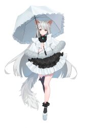 Rule 34 | 1girl, absurdres, animal ears, ashitabe, black dress, black socks, black thighhighs, capelet, closed mouth, dress, frilled umbrella, frills, frown, full body, fur-trimmed capelet, fur trim, highres, holding, holding umbrella, long hair, looking at viewer, original, platform footwear, simple background, single thighhigh, socks, solo, standing, tachi-e, tail, thighhighs, umbrella, white background, white capelet, white footwear, white hair, white umbrella, wolf ears, wolf girl, wolf tail