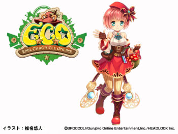 Rule 34 | 1girl, bare shoulders, basket, blue eyes, boots, bow, breasts, brown corset, brown gloves, company name, copyright logo, copyright notice, corset, detached sleeves, emil chronicle online, fingerless gloves, gloves, hat, hat bow, holding, holding basket, large breasts, logo, matanga alma, mushroom, official art, pink hair, red boots, red bow, red hat, red skirt, shiina yuuto, shirt, skirt, sleeveless, sleeveless shirt, solo, standing, standing on one leg, thighhighs, white background, white shirt, white sleeves, white thighhighs, wide sleeves
