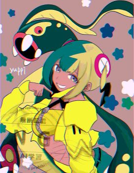 1girl aqua_hair bandeau belt black_mask blonde_hair blue_eyes breasts canari_(pokemon) center-flap_bangs criss-cross_halter crop_top curly_sidelocks eelektross gen_5_pokemon halterneck highres hosihiroe126 jacket large_breasts looking_at_viewer mask mask_pull mega_ring mega_stone midriff mouth_mask multicolored_hair nintendo pants pokemon pokemon_legends:_z-a short_twintails smile solo split-color_hair teeth twintails two-tone_hair two-tone_mask watermark yellow_bandeau yellow_jacket yellow_mask zipper