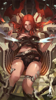 1girl armband artist_name belt blade breasts character_request choker cleavage facial_mark female_focus fingernails gisuka_yan highres large_breasts lipstick long_hair machine makeup navel nipples red_eyes red_hair restrained sad shorts sitting skindentation solo thigh_strap torn_clothes zipper