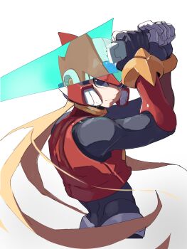 Rule 34 | 1boy, absurdres, android, armor, blonde hair, energy sword, forehead jewel, helmet, highres, holding, holding sword, holding weapon, long hair, mega man (series), mega man zero (series), omochi (mochi skymega), ponytail, red armor, red helmet, simple background, solo, sword, weapon, white background, z saber, zero(z) (mega man), zero (mega man)