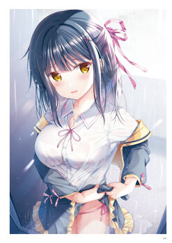 Rule 34 | 1girl, black hair, black jacket, black skirt, blush, border, breasts, brown eyes, clothes lift, clothes pull, collarbone, collared shirt, dress shirt, fang, frilled jacket, frilled skirt, frills, groin, hair ornament, hair ribbon, hairclip, highres, jacket, jacket pull, large breasts, lifting own clothes, long hair, looking at viewer, medium hair, nanami yuuno, neck ribbon, no bra, non-web source, off shoulder, open clothes, open jacket, page number, panties, parted lips, photoshop (medium), pink panties, pink ribbon, rain, ribbon, scan, school uniform, see-through clothes, shirt, side-tie panties, signature, skirt, skirt lift, solo, sousouman, standing, string panties, twinbox school, underwear, water drop, wet, wet clothes, wet shirt, white border, white shirt, wringing clothes, x hair ornament
