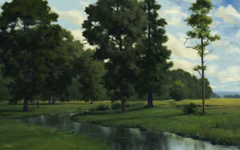 absurdres blue_sky bush commentary day english_commentary field flower grass highres landscape no_humans original outdoors painterly painting_(medium) philipp_urlich reflection reflective_liquid river scenery signature sky sunlight traditional_media tree water white_flower