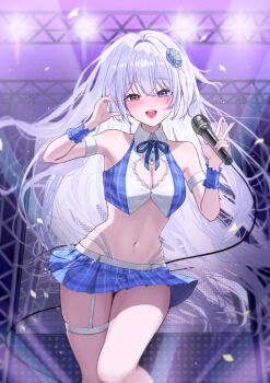 1girl absurdres armband armpits artist_request bare_shoulders blue_eyes blue_shirt blue_skirt blush breasts check_artist cleavage cleavage_cutout clothing_cutout collared_shirt commission crop_top dungeon_and_fighter flower hair_flower hair_ornament hand_up heart_cutout heterochromia highleg highres holding holding_microphone idol long_hair looking_at_viewer medium_breasts microphone midriff miniskirt mole mole_under_eye navel neck_ribbon open_mouth original panty_straps pleated_skirt pucohiiiii red_eyes ribbon second-party_source shirt skirt sleeveless sleeveless_shirt smile solo stage_lights stomach thigh_strap thighs two-tone_shirt very_long_hair white_hair white_shirt