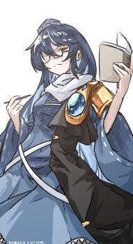 1girl absurdres artist_name bespectacled black_coat blue_dress blue_hair blue_hat breasts closed_mouth coat commentary_request dated dress frown glasses hat highres holding holding_notebook holding_pen iizunamaru_megumu long_hair long_sleeves looking_at_viewer notebook one-hour_drawing_challenge pen red_eyes ribbon-trimmed_sleeves ribbon_trim shoulder_guard simple_background sleeveless sleeveless_coat solo surcoat tokin_hat touhou tripod ve1024 white_background wide_sleeves
