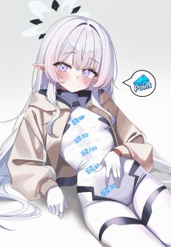 1girl absurdres battlesuit black_halo blue_archive blush bodysuit breasts commentary_request cut-here_line dotted_line drawing_flover gacha_(game_mechanic) grey_hair halo highres himari_(armed)_(blue_archive) himari_(blue_archive) long_hair looking_at_viewer multicolored_halo official_alternate_costume pointy_ears purple_eyes skin_tight small_breasts smile solo speech_bubble twitter_cutting_game twitter_strip_game twitter_strip_game_parody two-tone_halo very_long_hair white_bodysuit white_halo