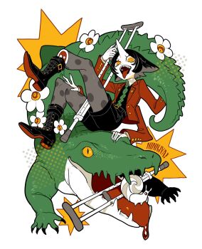 1girl animal_ears black_hair black_shirt black_shorts boots coat creature crocodile crocodilian crutch extra_arms full_body highres horns looking_at_viewer momomo_906 original red_coat ringed_eyes sharp_teeth shirt short_hair shorts simple_background single_horn solo teeth tongue tongue_out white_background yellow_eyes