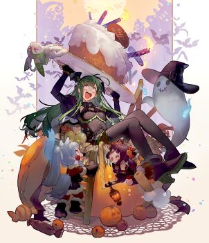 Rule 34 | > <, 3girls, bandages, birthday cake, black pantyhose, blush, broom, broom riding, brown hair, cake, candle, candy, climbing ladder, clothing cutout, commentary request, food, green hair, grey hair, halloween, halloween costume, hat, headgear, heart cutout, high heels, highres, holding, holding tray, kiritanpo (food), ladder, multiple girls, open mouth, oversized object, pantyhose, pumpkin, shirinda fureiru, tail, touhoku itako, touhoku kiritan, touhoku zunko, tray, utau, voicepeak, voiceroid, voicevox, wide-eyed, witch hat, zombie costume, zundamon, zundamon (utau)