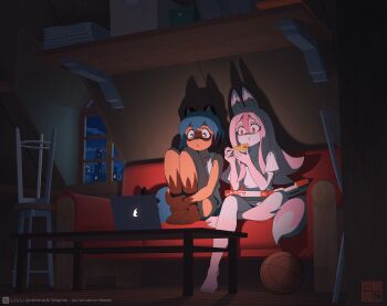 2girls animal_ears artist_logo barefoot basketball blue_fur brand_new_animal commentary commentary_request computer couch dark_room eating english_commentary food fox_ears fox_girl fox_tail full_body furry furry_female hair_between_eyes hiwatashi_nazuna holding holding_food holding_pizza hugging_own_legs indoors kagemori_michiru laptop logo looking_at_screen michirutnk mixed-language_commentary multicolored_eyes multicolored_hair multiple_girls night on_couch pink_fur pizza raccoon_ears raccoon_girl raccoon_tail screen_light shadow shirt shorts signature sitting tail tank_top translation_request twitter_username two-tone_eyes two-tone_hair white_shirt white_tank_top window