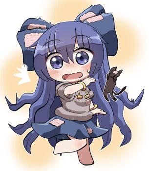 1girl ^^^ bangle barefoot blue_bow blue_eyes blue_hair blue_skirt blush bow bracelet commentary_request drawstring full_body grey_hoodie hair_between_eyes hair_bow hand_up highres hood hood_down hoodie jewelry long_hair looking_at_viewer open_mouth rokugou_daisuke short_sleeves skirt solo standing standing_on_one_leg stuffed_animal stuffed_cat stuffed_toy sweatdrop touhou very_long_hair yorigami_shion