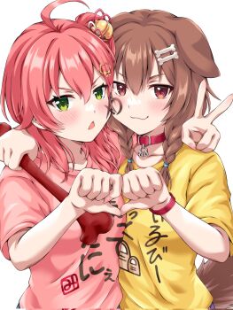 2girls ahoge alternate_costume animal_ears arm_around_neck bell belt_collar blush bone bone_hair_ornament braid brown_eyes brown_hair cat_hair_ornament clothes_writing collar dog_ears dog_girl dog_tail fangs green_eyes hair_bell hair_between_eyes hair_ornament hair_ribbon hairclip hand_up highres holding holding_bone hololive inugami_korone jingle_bell long_hair looking_at_viewer multiple_girls open_mouth orendji pink_hair pink_shirt ribbon sakura_miko shirt short_sleeves simple_background smile smug tail triangle_mouth twin_braids v v-shaped_eyebrows virtual_youtuber white_background yellow_shirt