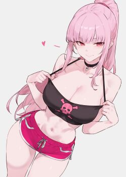 1girl absurdres alternate_costume black_choker bluefield breasts choker cleavage collarbone dolphin_shorts heart highres hololive hololive_english large_breasts long_hair looking_at_viewer midriff mori_calliope navel pink_hair pink_shorts ponytail red_eyes shorts skull_ornament smile solo stomach virtual_youtuber
