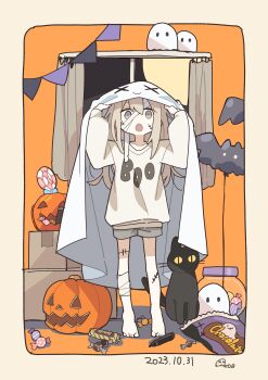 <|>_<|> 1girl :o absurdres aida_(aidia) bandaged_leg bandages barefoot black_cat blonde_hair candy cat commentary_request curtains dated dot_nose double-parted_bangs food full_body grey_eyes grey_shorts hair_between_eyes halloween halloween_costume hands_up highres jack-o'-lantern jar lollipop long_hair long_sleeves looking_at_viewer open_mouth original shirt shorts sidelocks signature solo standing swirl_lollipop white_shirt window wrapped_candy