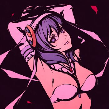 Rule 34 | ao no kiseki, arms behind head, arms up, black background, blush, bra, breasts, cleavage, commentary, dancer, detached collar, detached sleeves, eiyuu densetsu, falling petals, hair ornament, harem outfit, jewelry, large breasts, looking at viewer, moshimoshibe, petals, purple eyes, purple hair, rixia mao, simple background, smile, solo, teeth, underwear, upper body, white bra, wide sleeves, zero no kiseki