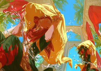 2boys arabian_clothes baggy_pants black_hair blue_sky carpet earrings from_below highres holding jamil_viper jewelry kalim_al-asim long_hair looking_at_another male_focus middle_eastern_architecture mistcq multiple_boys neck_ring outdoors pants red_eyes short_hair sitting sky sleeveless twisted_wonderland water wind