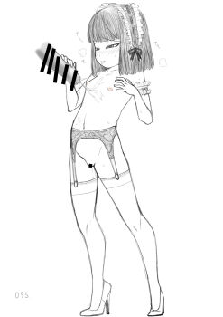 1girl artist_request blush censored cum flat_chest handjob high_heels highres lingerie loli maid_headdress monochrome no_panties original pussy_juice sweat tagme thighs underwear