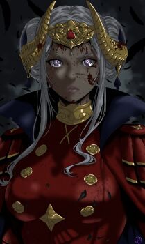 Rule 34 | 1girl, absurdres, blood, blood from forehead, blood in hair, blood on clothes, blood on face, blood splatter, cape, dress, edelgard von hresvelg, edelgard von hresvelg (timeskip), fake horns, feathers, fire emblem, fire emblem: three houses, fire emblem heroes, glowing, glowing eyes, hair up, hashtag-only commentary, headpiece, highres, horned headwear, horns, md5 mismatch, nekomoni, nintendo, official alternate hair color, purple eyes, red dress, self-upload, solo, white hair