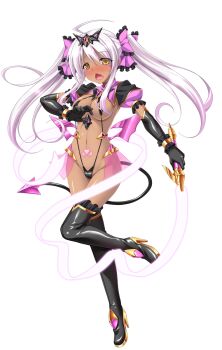 1girl alternate_skin_color aoi_masami black_gloves blush boots breasts brown_eyes corruption dark-skinned_female dark_persona dark_skin demon_tail elbow_gloves full_body game_cg gloves harukaze_mai_(tsmg_nao!) highres holding holding_weapon large_variant_set long_hair looking_at_viewer magical_girl medium_breasts navel non-web_source official_art open_mouth pubic_tattoo slave_cherry slave_gear_(tsmg_nao!) slingshot_swimsuit solo swimsuit sword tachi-e tail tattoo thigh_boots thighhighs transparent_background ts_magical_girl_nao twintails variant_set weapon white_hair yellow_eyes